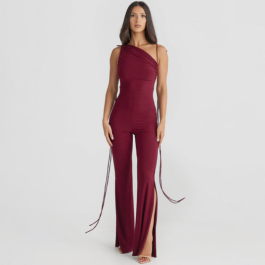 Nouriselle One-Shoulder Wine Red Jumpsuit